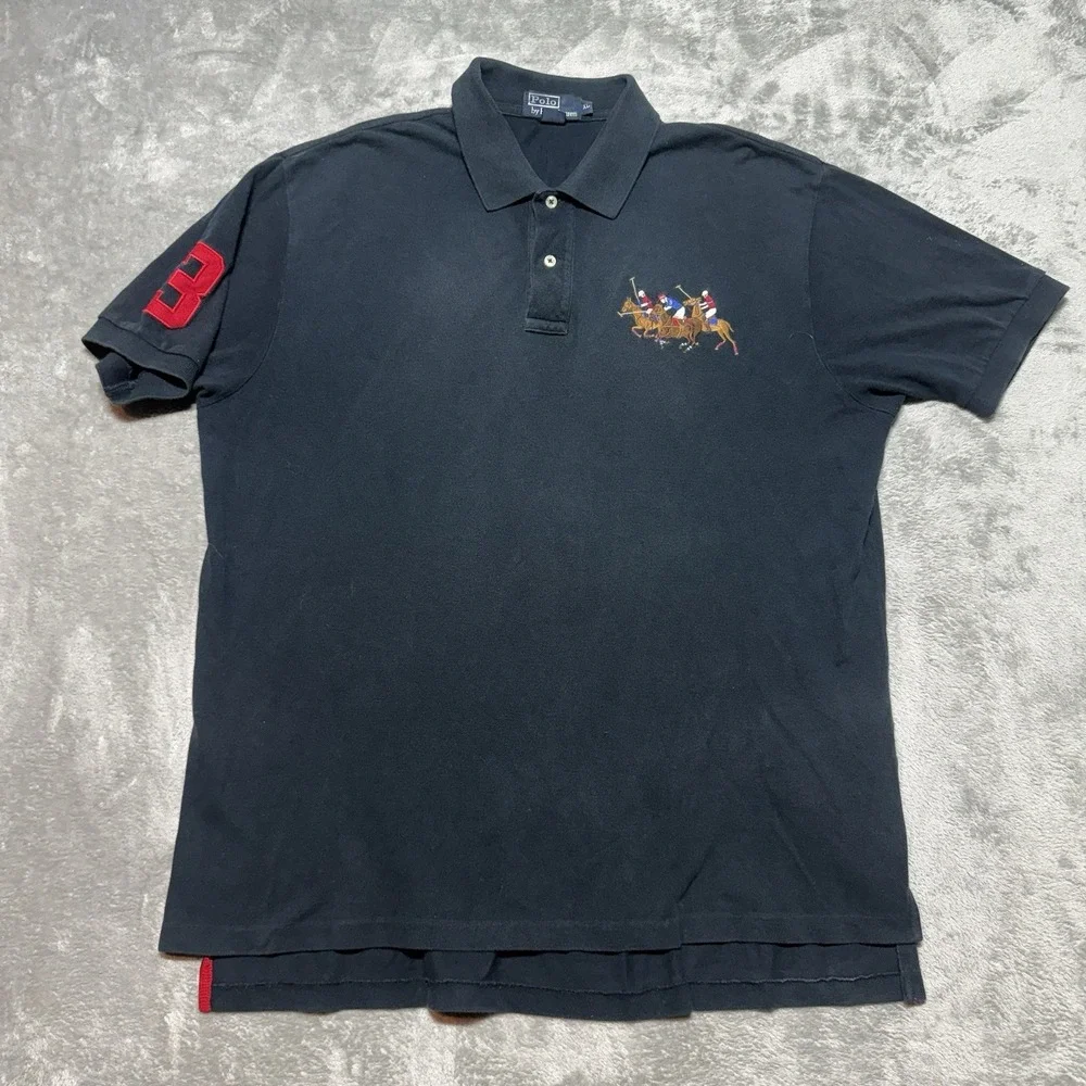 Polo Ralph Lauren Triple Pony Shirt Men XL Black Custom Fit Multi Color Logo